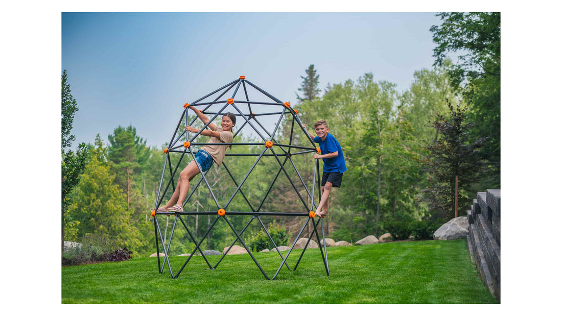 Two kids on a large climbing dome in a scenic backyard. 